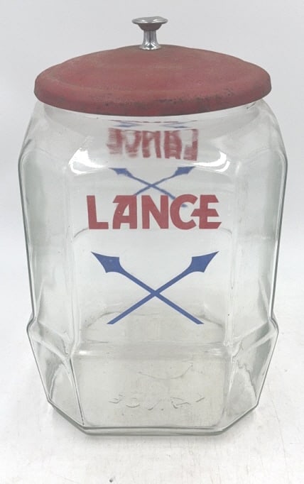 Vintage Lance Countertop Cracker Jar: 12 inches by 7.5 inches by 9 inches, with original metal top, no damage, lid has patinated and small dent on finial, see photos
