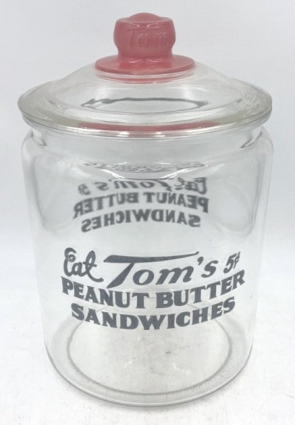 Tom's Peanut Butter Sandwiches Glass Counter Jar: Circa 1940’s, 13.5 inches by 9 inches, with black letter, with original jar top with painted red finial, no damage, see photos