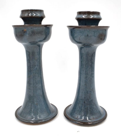 Pair of Vernon Owens Jugtown Ware Candlesticks: 8.125 inches, Chinese blue, dated 1986, stamped, signed, and dated on bottom of both, one has repaired break, see photos