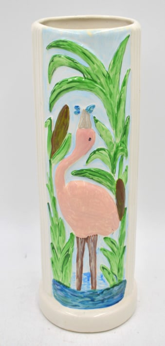 Ceramic Hand-painted Flamingo Vase: 14 inches by 5 inches, unmarked, no damage, see photos