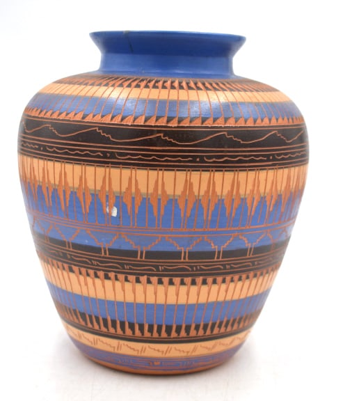 J. John Hand-Etched Navajo Pottery: 9 inches by 7.75 inches, geometric banded design, signed on the bottom, no damage, see photos