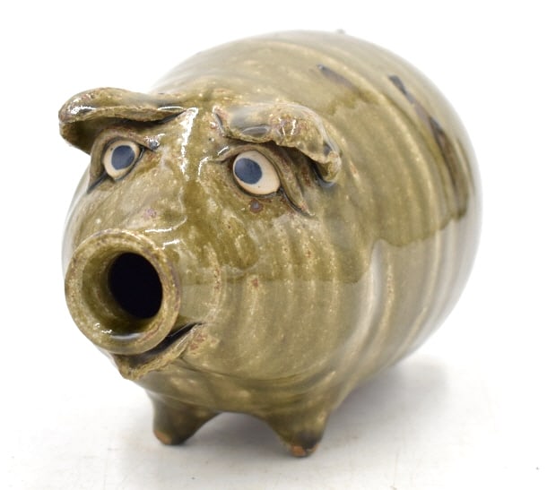 Michael Crocker Folk Art Pottery Pig Sculpture: 8 inches by 5.25 inches, signed and dated 2007 on the bottom, no damage, see photos