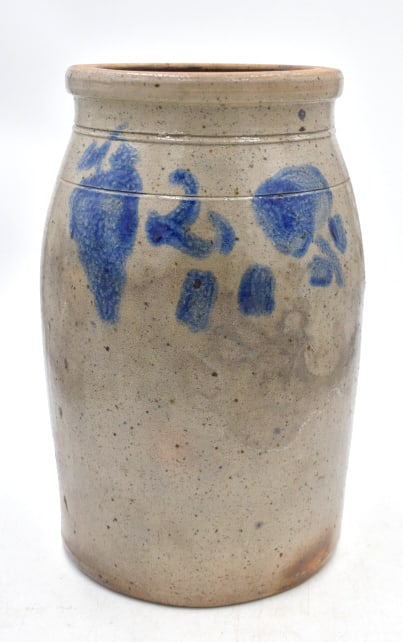 Studio Art Jar with Salt and Brown Sugar Glaze: 11 inches tall by 7.5 inches wide, traditional kitchen jar with a light brown sugar glaze transitioning to Salt Glaze, no damage, see photos