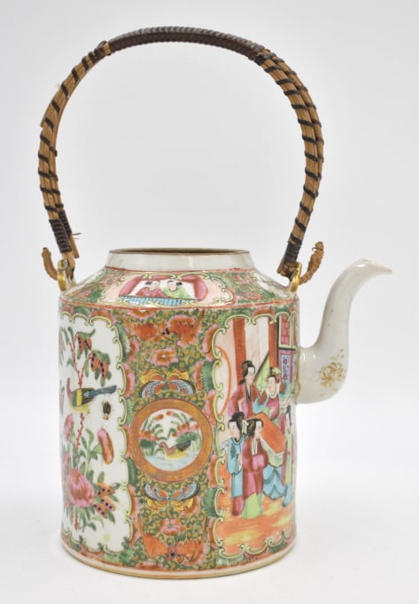 Imari Teapot with Wooden Handle: 7.5 inches by 10.75 inches, circa pre 1900, no lid, damage to handle, no stamp on bottom, see photos