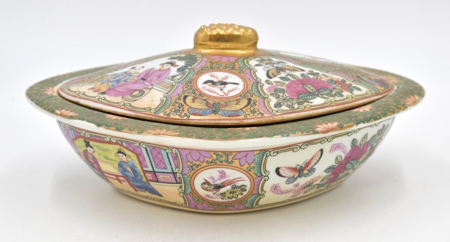Rose Medallion Canton Famille Rose Lidded Dish: 9 inches by 3.75 inches, unmarked and unglazed on the bottom, circa late 19th century Canton/Qing Dynasty, no damage, see photos