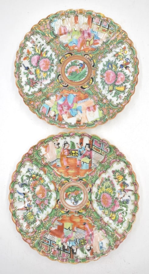 2 Chinese Rose Medallion Scalloped Plates: 7.25 inches by .75 inches, circa mid-to-late 19th-century, unmarked on the bottom, no damage, see photos