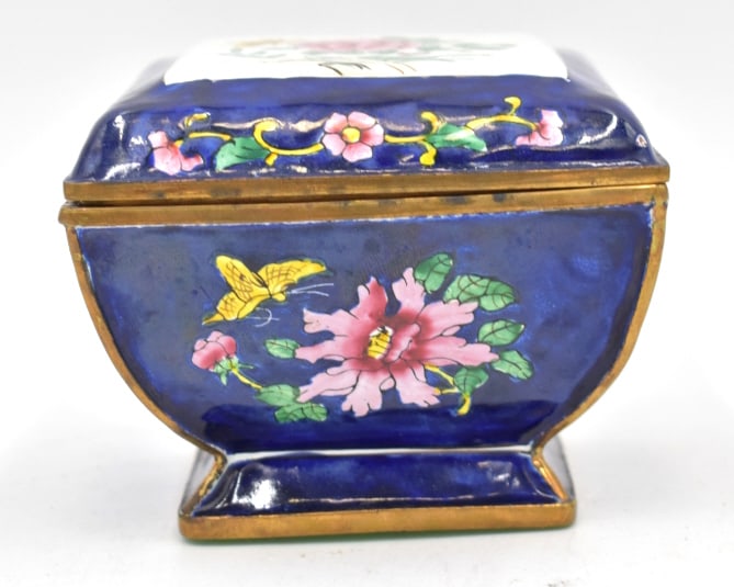 Chinese Enamel on Brass Covered Box: 4 inches by 4 inches by 3.25 inches, no damage, see photos