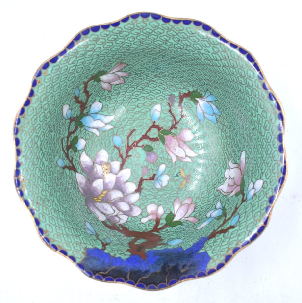 Chinese Enamel on Brass Bowl: 6.75 inches by 3 inches, unmarked, no damage, see photos