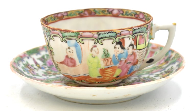 Chinese Rose Medallion Cup and Saucer Set: Cup measures 3.5 inches by 1.75 inches, saucer measures 5.75 inches by 1 inch, unmarked on bottom, see photos
