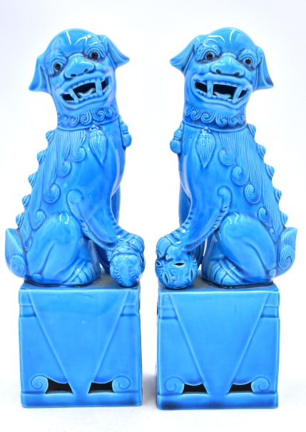 Pair of Blue Glaze Foo Dogs Bookends: 2.5 inches by 3.5 inches by 10 inches, numbered on the bottom, no damage, see photos