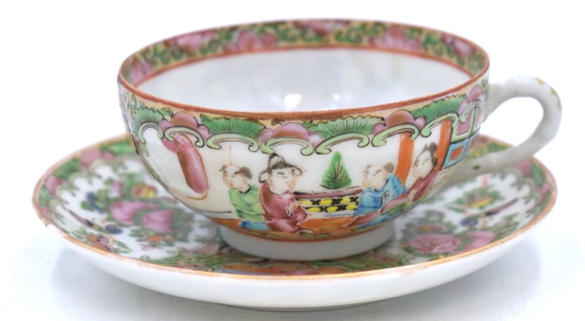 Chinese Handpainted Rose Medallion Cup and Saucer: Cup measures 3.75 inches by 1.75 inches, saucer measures 5.5 inches by .75 inches, unmarked, no damage, see photos