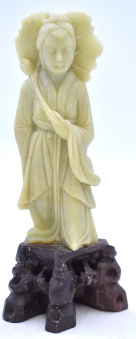Hand-Carved Semi-Precious Stone Geisha Sculpture: 7.75 inches by 3 inches, signed CHINA on the bottom, no damage, see photos