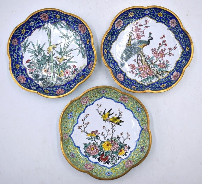 3 Chinese Enamel on Brass Bird Motif Dishes: 5 inches by .75 inches, unmarked, no damage, see photos