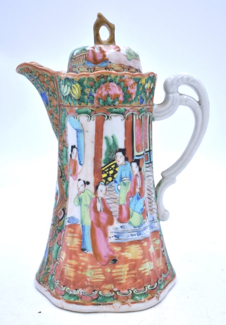 Chinese Rose Medallion Coffee Pot: 5 inches by 9.5 inches, unmarked, no damage, see photos