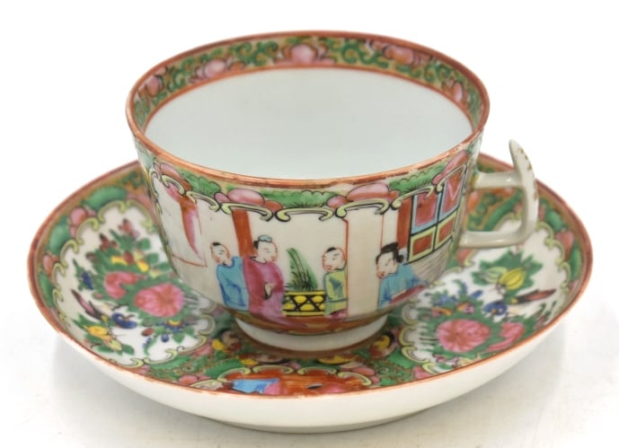 Chinese Rose Medallion Cup and Saucer Set: Cup measures 3.75 inches by 2.75 inches and saucer measures 6 inches, unmarked, no damage, see photos