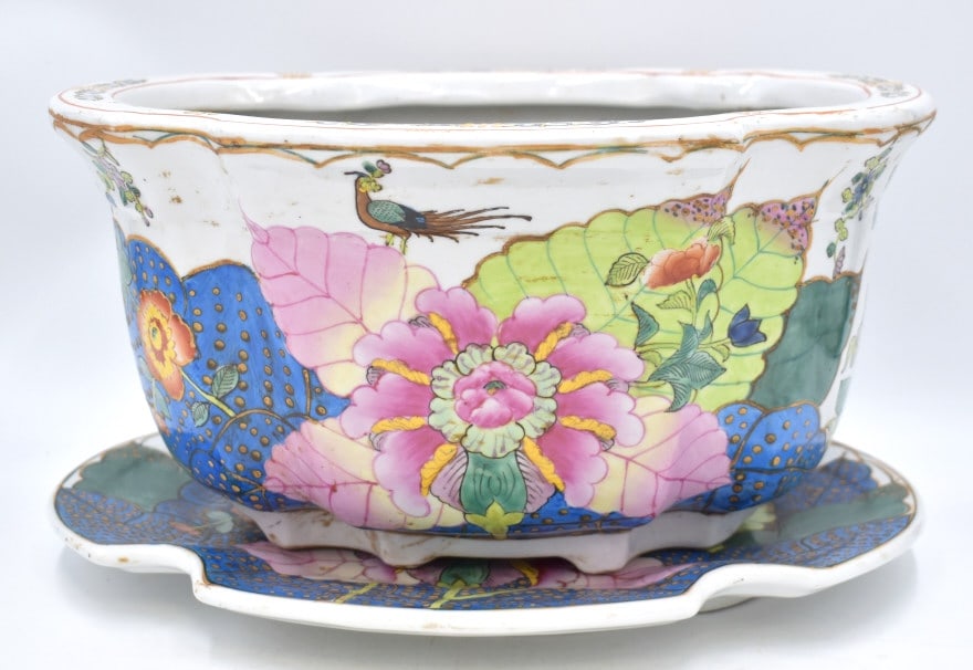 Hand-painted Oriental Pot with Underplate: Plate measures 14.5 inches by 11.75 inches, and the pot measures 7.25 inches by 13.75 inches. The bottom of the plate is marked; the bottom of the pot is unmarked, no damage, see photos