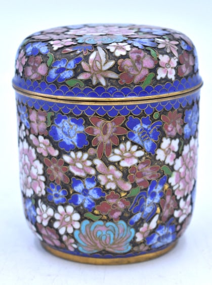 Clossine Floral Lidded Jar: 3.25 inches by 3.5 inches, unmarked, no damage, see photos