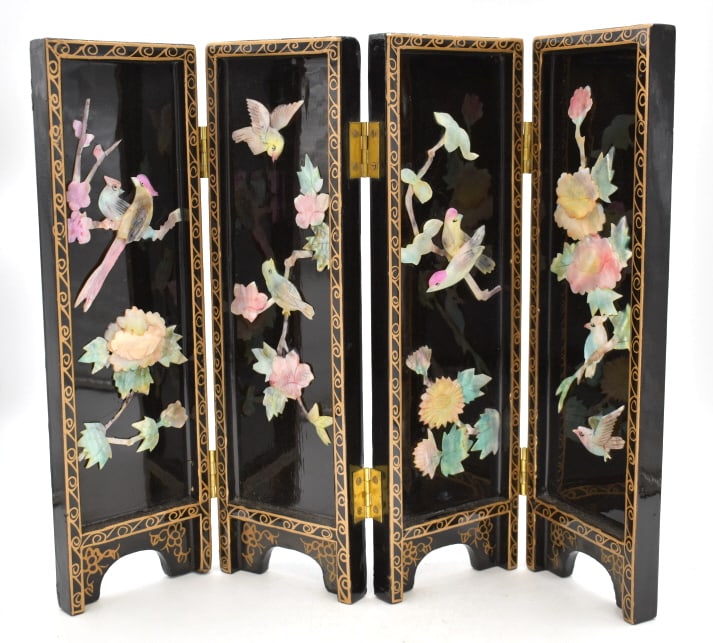 4 Panel Black Laquer/ Semi-Precious Stone Screen: 18 inches by 14 inches, unmarked and undamaged; see photos.
