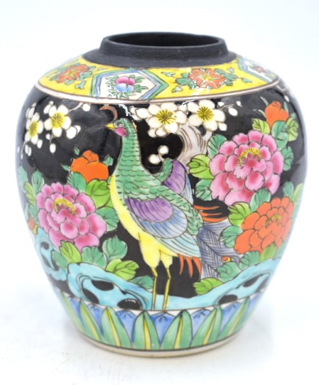 Japanese Handpainted Ginger Jar without Lid: 5.25 inches by 5 inches, marked on the bottom and undamaged, see photos