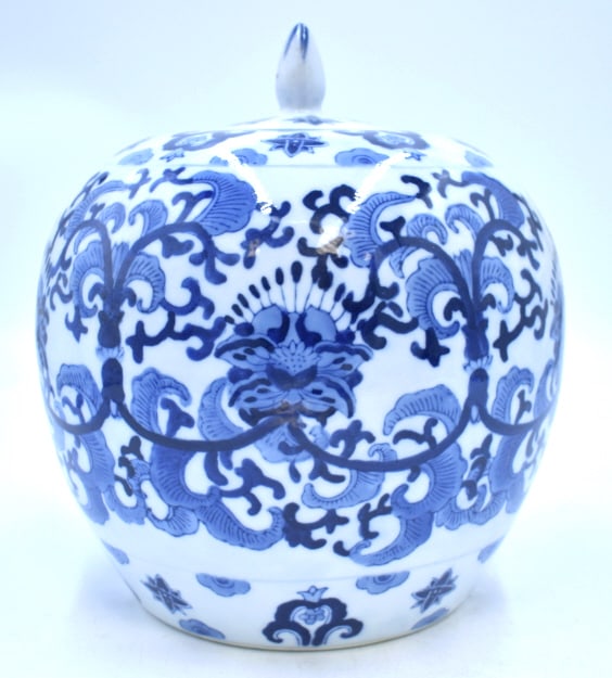 Blue and White Lidded Jar: 9.75 inches by 8.5 inches, marked Made in China on the bottom, no damage, see photos