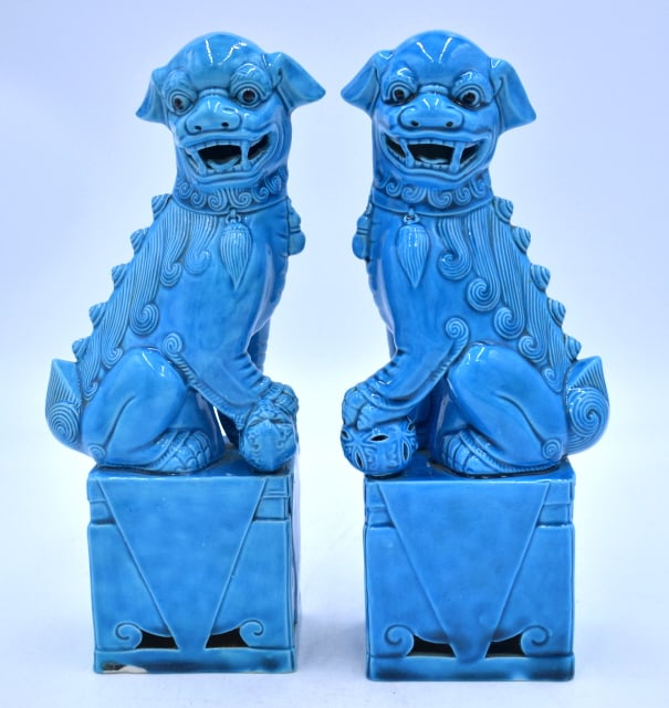 Pair of Blue Glaze Oriental Foo Dogs: 10 inches by 4.25 inches, one is numbered 120 on the bottom, no damage, see photos