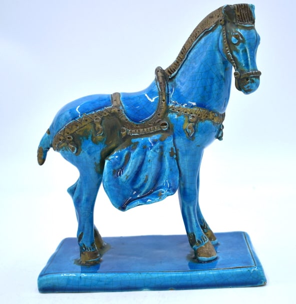 Chinese Blue Glazed Horse Figurine: 8.75 inches by 7.25 inches, signed and numbered on the bottom, as is a broken saddle blanket, see photos