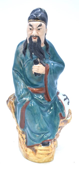 Chinese Hand-Painted Ceramic Seated Wiseman: 8 inches by 3.75 inches, stamped on the bottom, no damage, see photos