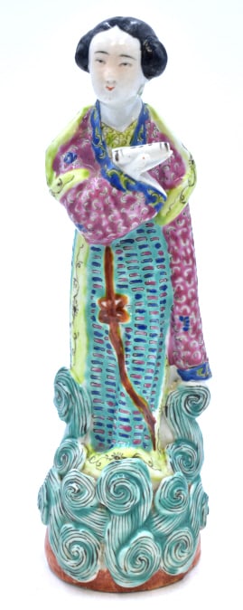 Chinese Hand-painted Ceramic Geshia Deity Figure: 9 inches by 3 inches, stamped on the bottom, no damage, see photos