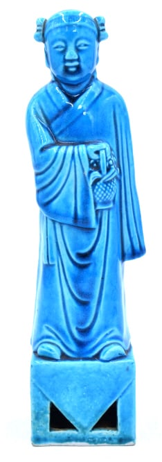 Chinese Blue Glazed Geshia Figurine: 9.75 inches by 2.5 inches, stamped on the bottom, no damage, see photos