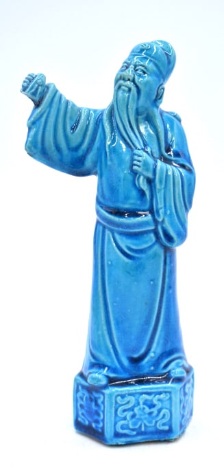 Chinese Blue Glazed Ceramic Wiseman Figurine: 8.25 inches by 3.5 inches, unmarked, with a broken item in hand, see photos