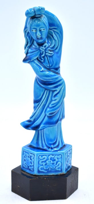 Chinese Blue Glazed Ceramic Geshia Figurine: 9.5 inches by 3.75 inches, with a wood stand, unmarked and undamaged, see photos