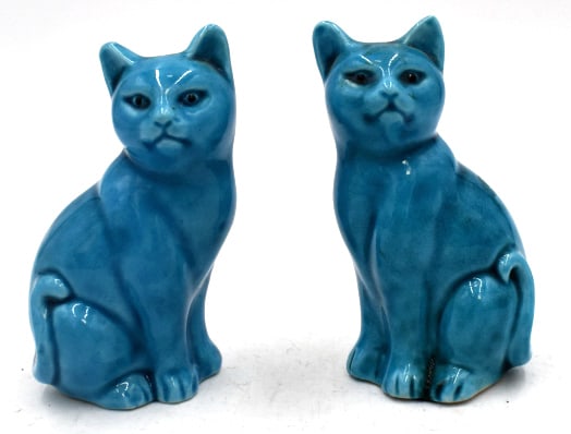 Pair of Blue Glazed Cats: 3 inches tall by 2 inches wide, stamped on bottom of one, no damage, see photos.