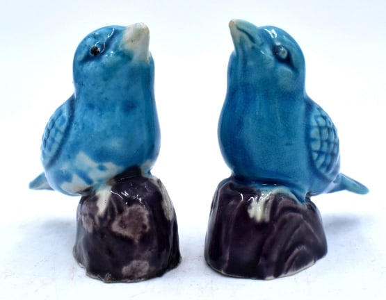 Pair Blue Glazed Ceramic Birds: 2.5 inches tall by 2.5 inches wide, unmarked, no damage, see photos.