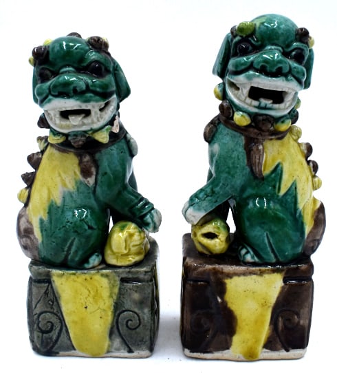 Pair of Green and Yellow Glazed Foo Dogs: 5.5 inches by 2.75 inches, unmarked, chips on both, see photos