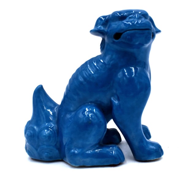 Chinese Blue Glazed Seated Foo Dog Figurine: 4 inches by 3.75 inches, unmarked and undamaged, see photos