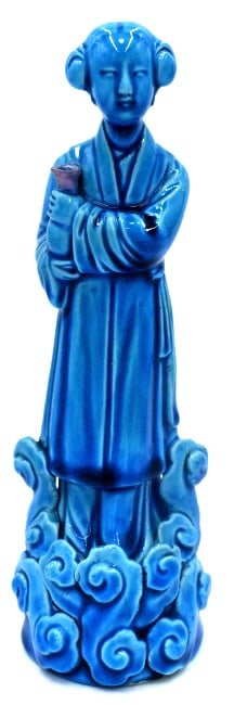 Chinese Blue Glazed Ceramic Deity Figurine: 8.75 inches by 3.25 inches, stamped on the bottom, no damage, see photos