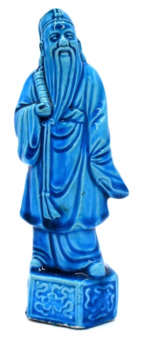 Chinese Blue Glazed Ceramic Deity Figurine: 8.25 inches by 3.25 inches, unmarked and undamaged, see photos