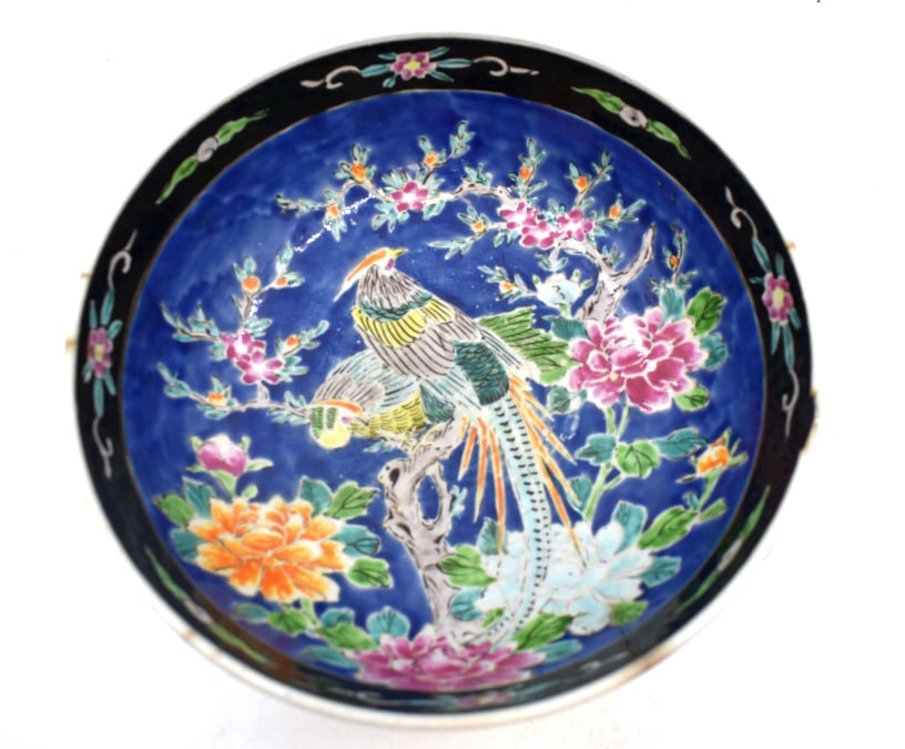 Hand-Painted Japanese Ceramic Bowl: 4.25 inches tall by 9.75 inches wide, marked on bottom, chips on rim, see photos.