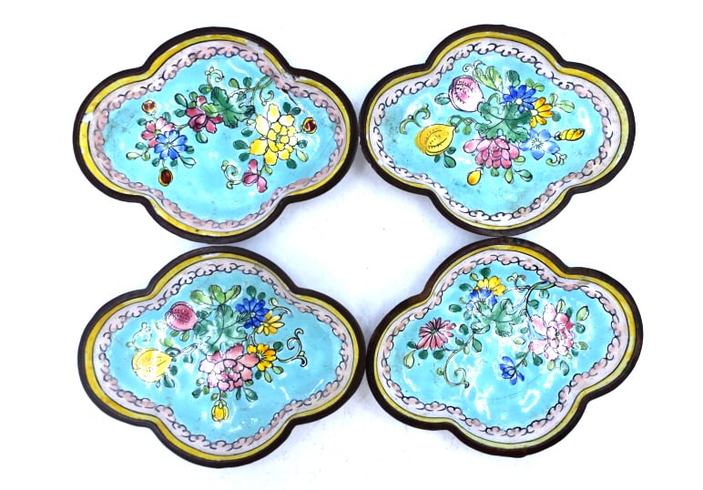 4 Clossine Enamel Dishes: 0.5 inches tall by 4 inches wide, marked on bottom, minimal wear on chips on all 4 dishes, see photos.