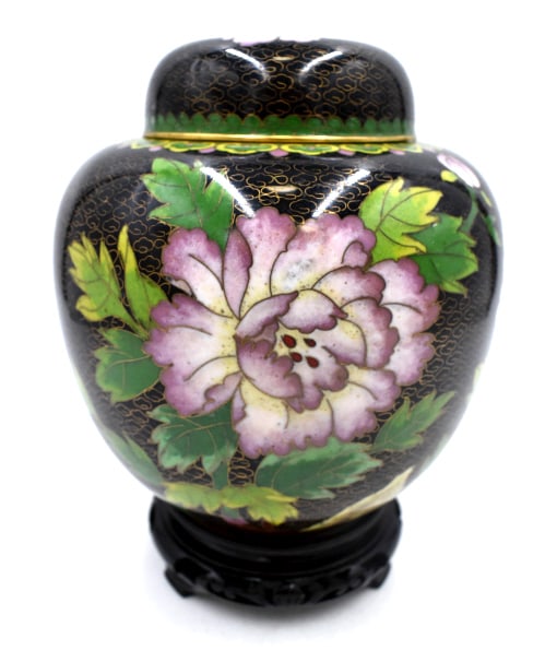 Clossine Giner Jar w/ Stand: 7.25 inches tall by 6.5 inches wide, unmarked, no damage, see photos.