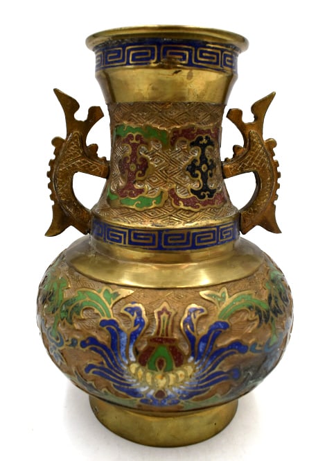 Ornate Japanese Double Handle Urn Clossine: 9.5 inches tall by 7 inches wide, marked on bottom, no damage, see photos.