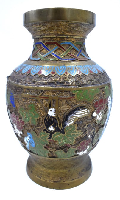 Ornate Japanese Clossine on Heavy Brass Urn: 9.5 inches by 6.5 inches, Marked on the bottom, no damage, see photos