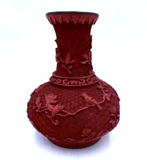 Cinnabar Vase: 7 inches by 5.5 inches, unmarked and undamaged, see photos