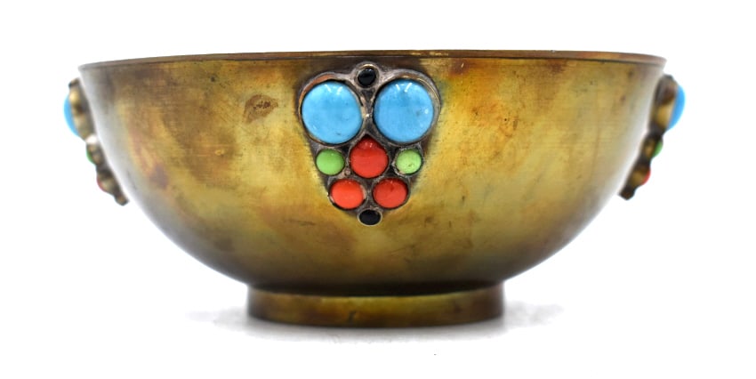 Brass Semi-Precious Stone Bowl: 2.25 inches by 5.5 inches, unmarked and undamaged, see photos