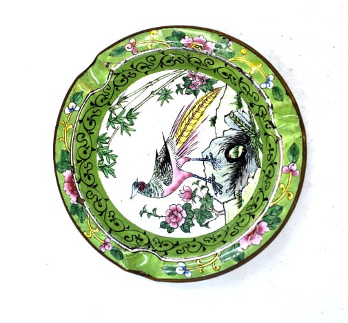 Chinese Hand-painted Enamel Ashtray: 4.75 inches by .75 inches, marked on the bottom, cracking and a slight chip, see photos