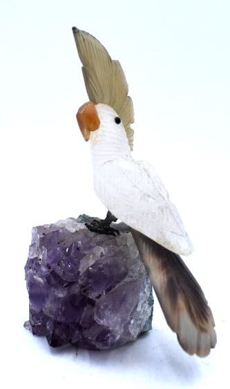 Semi-Precious Stone Parakeet on Geode Sculpture: 4.5 inches by 3 inches, unmarked, missing one eye, see photos