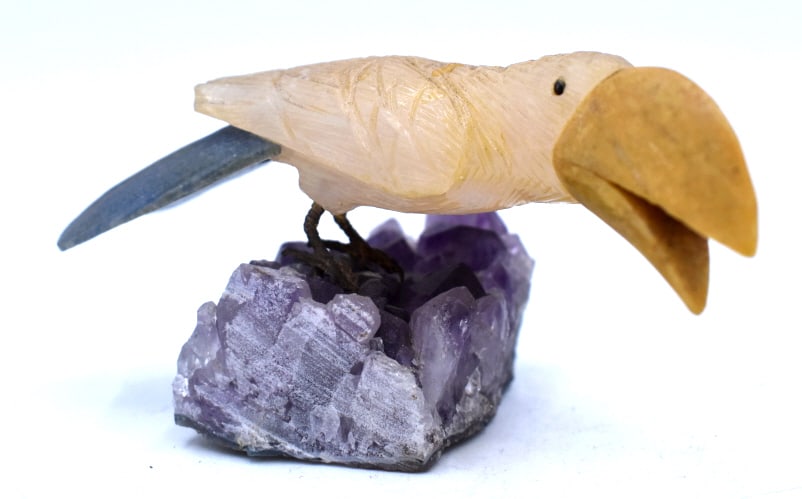 Semi-Precious Stone Tucan On Geode Sculpture: 2.75 inches by 5 inches, unmarked and undamaged, see photos