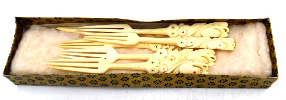 6 Ornate Hand-carved Bone Picks: 4.75 inches by .5 inch, unmarked and undamaged, see photos
