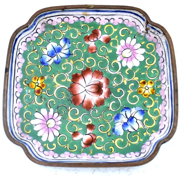 Chinese Enamel on Copper Dish: .5 inch by 3.5 inches, marked on the bottom, slight damage on the corner, see photos