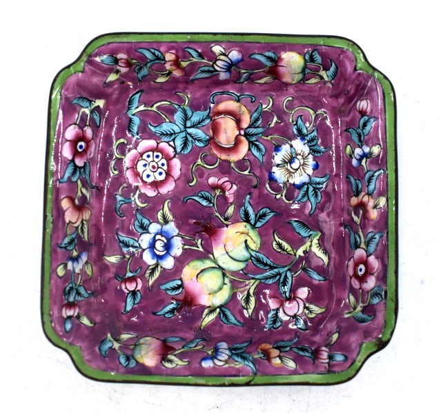 Chinese Hand-painted Enamel on Brass Dish: .75 inches by 4 inches, marked on the bottom, slight cracking in the glaze, see photos.
